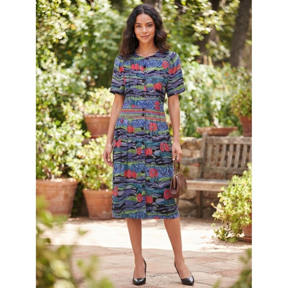 Petite Sophisticate Floral Abstract Button Front Midi Dress Blue Purple 14P